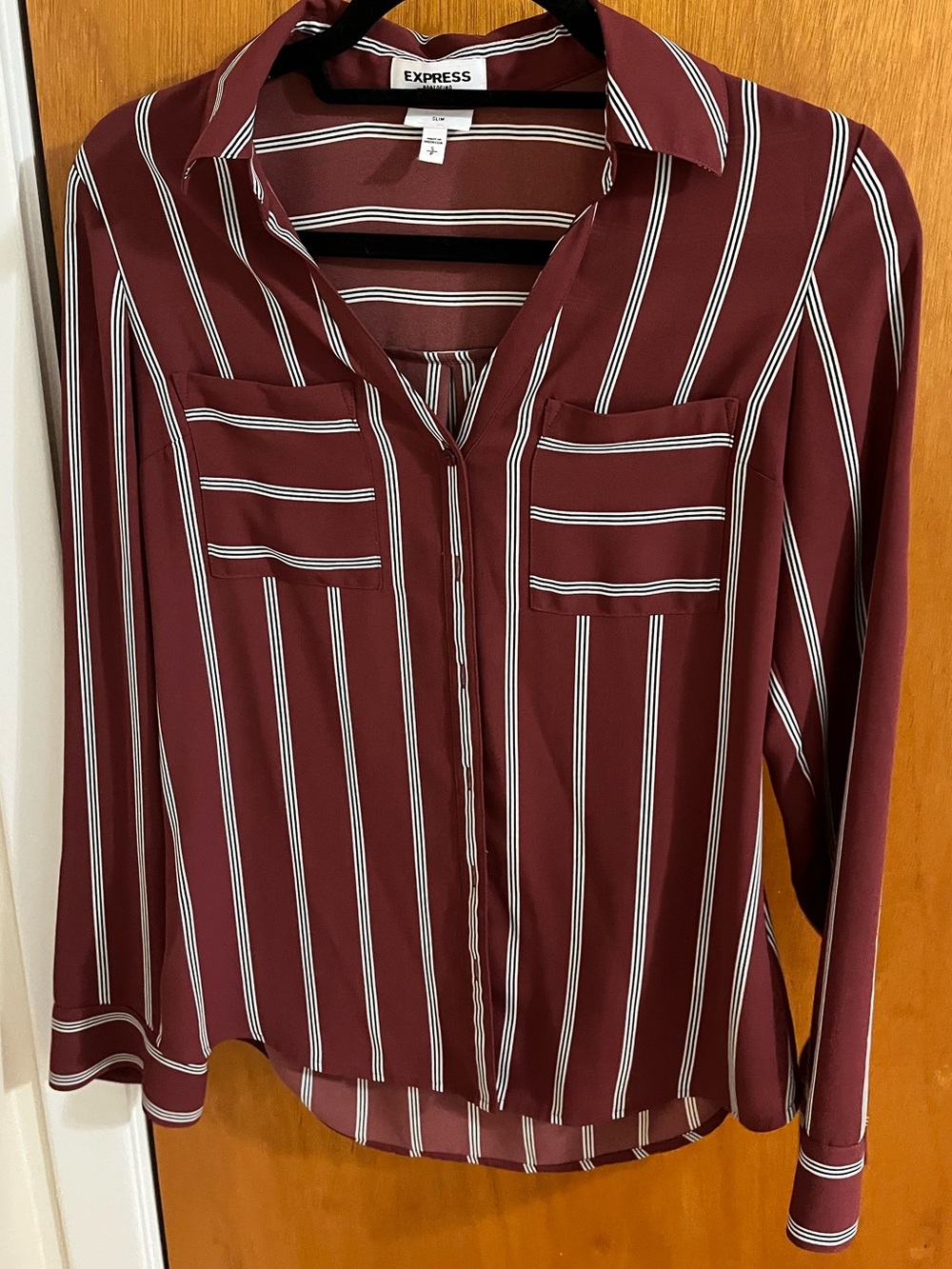 Express Burgundy and White Striped Button-Front Blouse